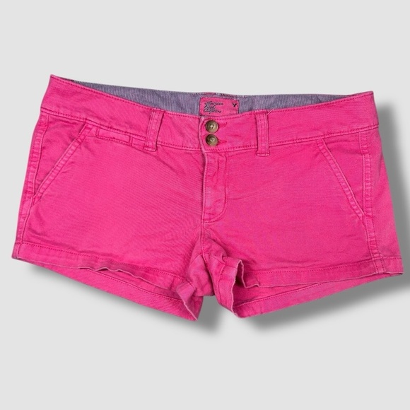 American Eagle Shortie Khaki Twill Shorts Size 2 Pink Low Rise Stretch - Picture 1 of 7
